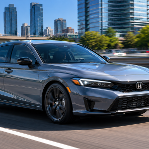 2026 Honda Civic Hatchback Sport in Sonic Gray Pearl driving on an urban highway with a city skyline and elevated freeway interchange visible in the background
