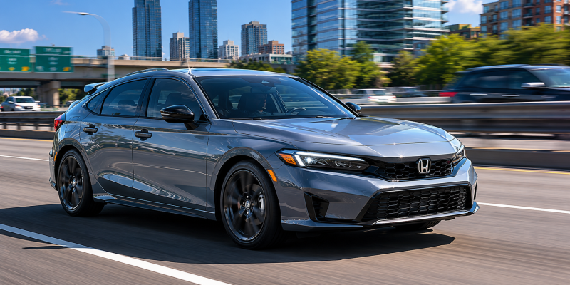 2026 Honda Civic Hatchback Sport in Sonic Gray Pearl driving on an urban highway with a city skyline and elevated freeway interchange visible in the background