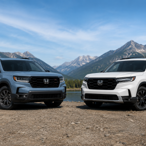 2026 Honda Passport and 2026 Honda Pilot parked side by side in a mountain setting.