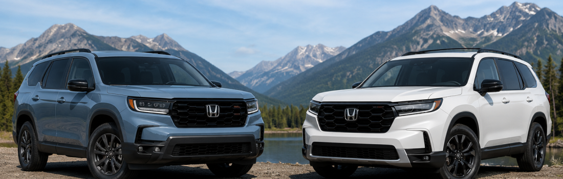 2026 Honda Passport and 2026 Honda Pilot parked side by side in a mountain setting.