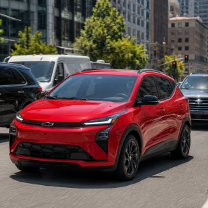 Red Chevrolet SUV driving in a busy city street, leading a line of cars during daytime traffic.