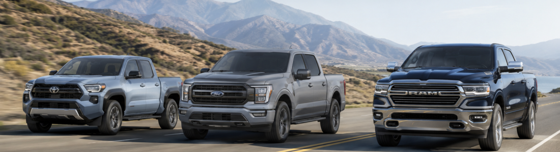 Three modern pickup trucks driving on an open highway for a guide to the best MPG trucks in 2026