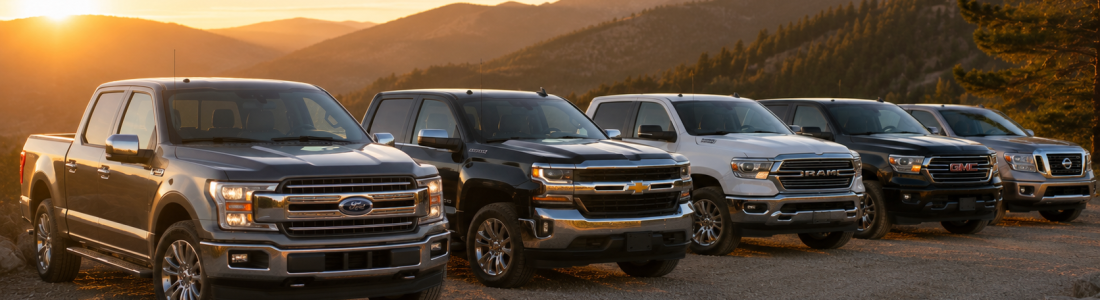 Lineup of full-size pickup trucks at a mountain overlook, compared alongside the cheapest new trucks in this guide