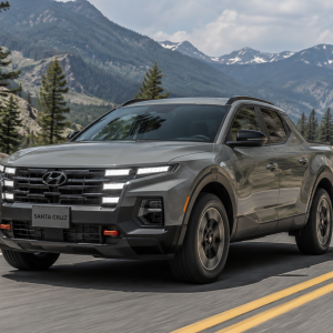 2026 Hyundai Santa Cruz XRT AWD in a rugged outdoor setting showing its compact pickup truck design and bold exterior styling