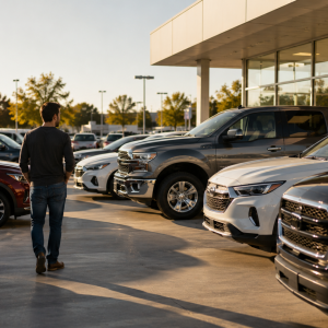 Man in a dark long-sleeve shirt and jeans walking through a car dealership lot lined with SUVs and trucks at golden hour sun.