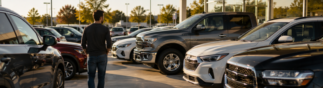 Man in a dark long-sleeve shirt and jeans walking through a car dealership lot lined with SUVs and trucks at golden hour sun.