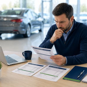 Car buyer comparing new car quotes at a dealership desk with a laptop and blurred showroom vehicle in the background