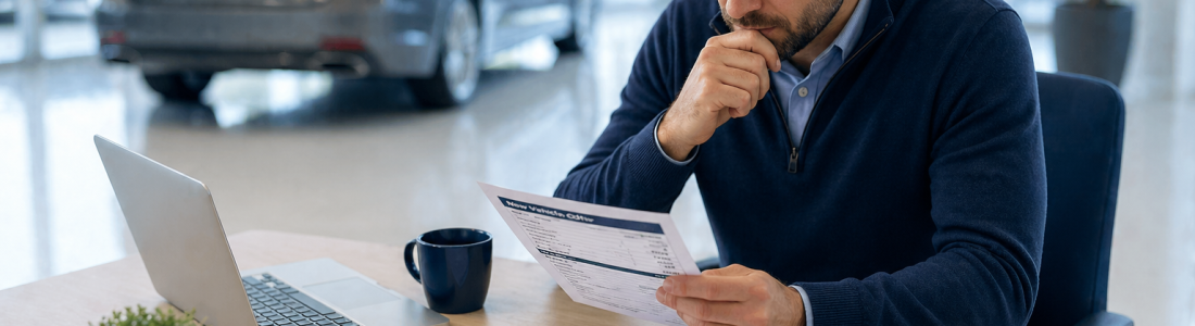 Car buyer comparing new car quotes at a dealership desk with a laptop and blurred showroom vehicle in the background
