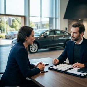 Two professionals in navy blazers discuss paperwork at a desk inside a car showroom, with a sedan visible behind them in the bright space.