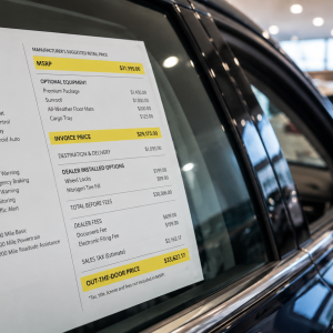Auto prices on a dealership window sticker showing MSRP, invoice price, dealer fees, and out-the-door price highlighted in yellow