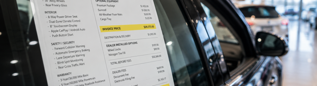 Auto prices on a dealership window sticker showing MSRP, invoice price, dealer fees, and out-the-door price highlighted in yellow