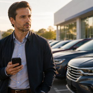 Shopper researching the best car buying programs at a dealership