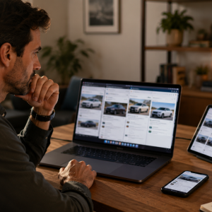 Shopper comparing the best car buying tools across multiple devices