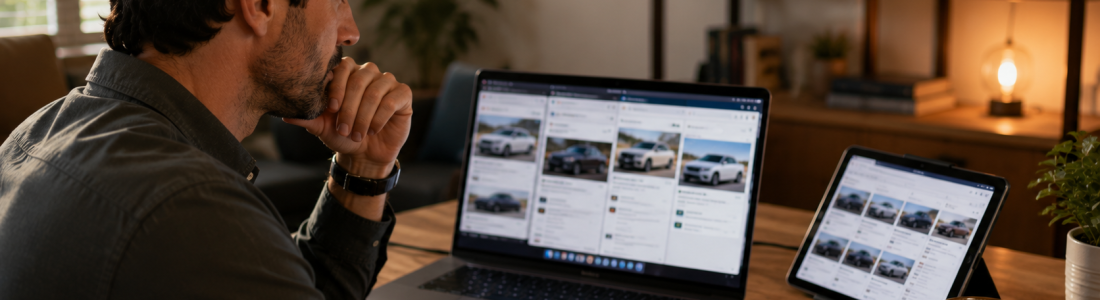 Shopper comparing the best car buying tools across multiple devices
