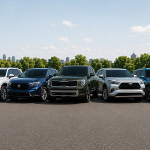 Lineup of family SUVs for buyers comparing the best SUVs for families in 2026.