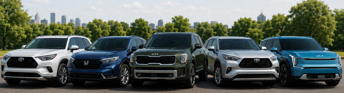 Lineup of family SUVs for buyers comparing the best SUVs for families in 2026.