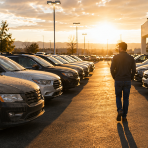 Shopper comparing dealership inventory at the best time to buy a new car