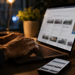 Shopper using the best website to find new car deals at night
