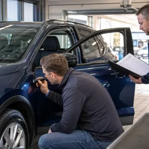 Two technicians work on a blue SUV inside a workshop: one crouched by the front passenger door with a tool, the other standing and holding a clipboard as the door is open; car keys sit on a nearby worktable.