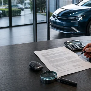 Person signing a contract at a dealership desk with a blue car visible outside through glass doors/windows.