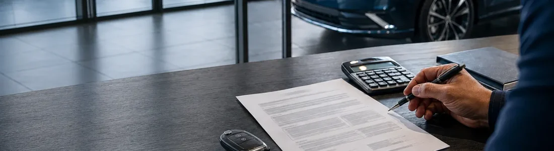 Person signing a contract at a dealership desk with a blue car visible outside through glass doors/windows.