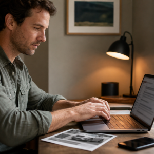 Man in a green shirt typing on a laptop at a wooden desk by a window, with a plant and phone nearby.