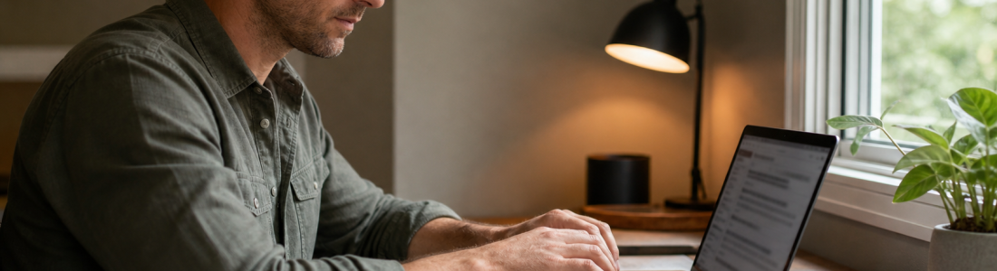 Man in a green shirt typing on a laptop at a wooden desk by a window, with a plant and phone nearby.