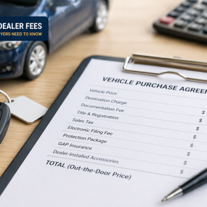 Car dealer fee worksheet with car key and purchase agreement on desk