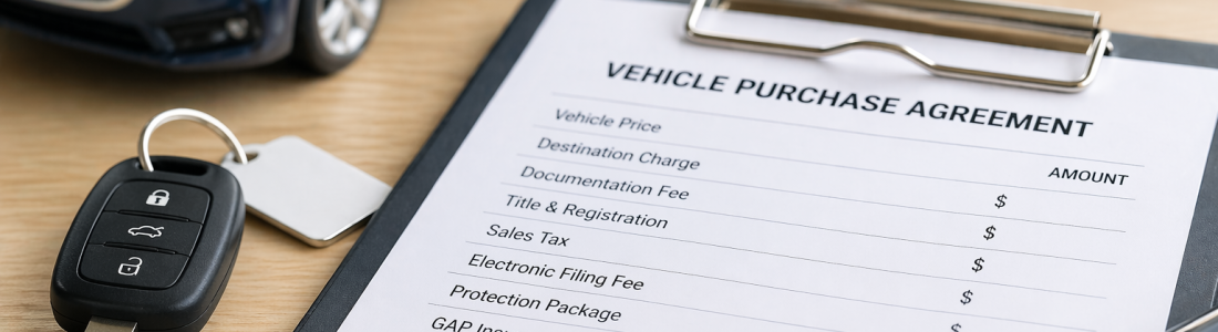 Car dealer fee worksheet with car key and purchase agreement on desk