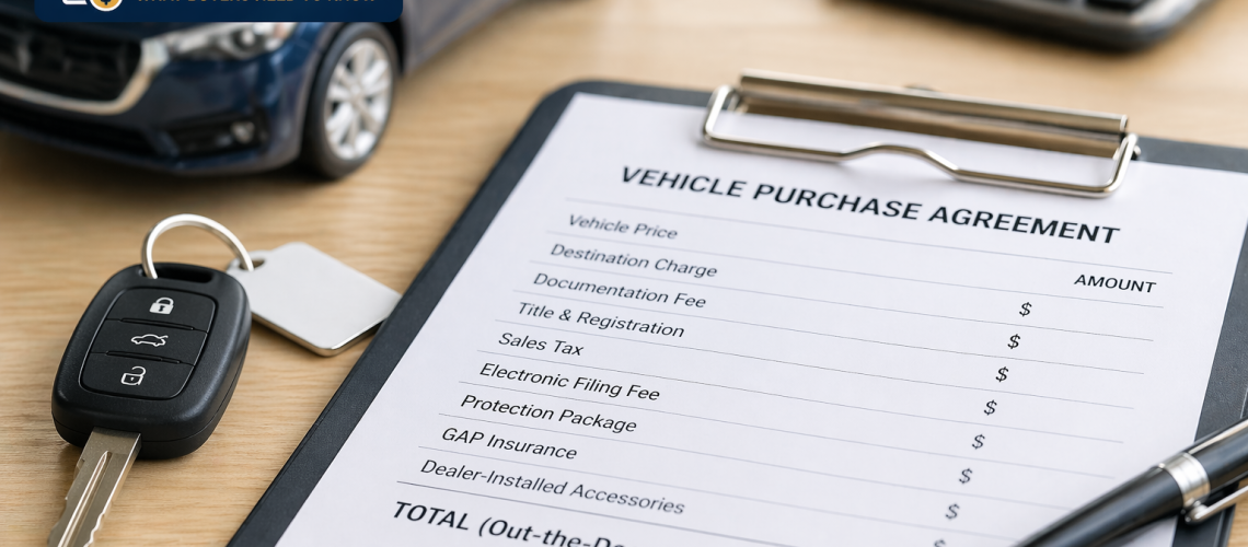 Car dealer fee worksheet with car key and purchase agreement on desk