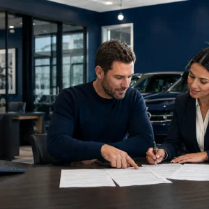 Man and woman in a car showroom review and sign documents at a desk with blue cars in the background.