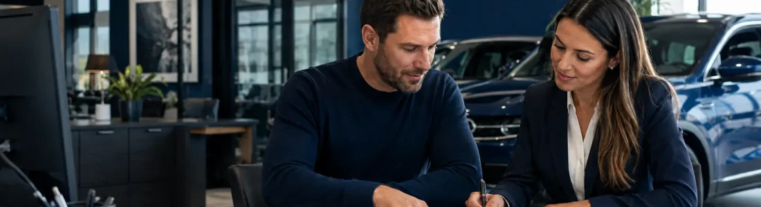 Man and woman in a car showroom review and sign documents at a desk with blue cars in the background.