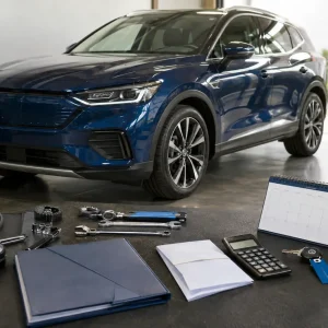Blue electric SUV in a repair shop with a charging cable and assorted tools on a workbench nearby