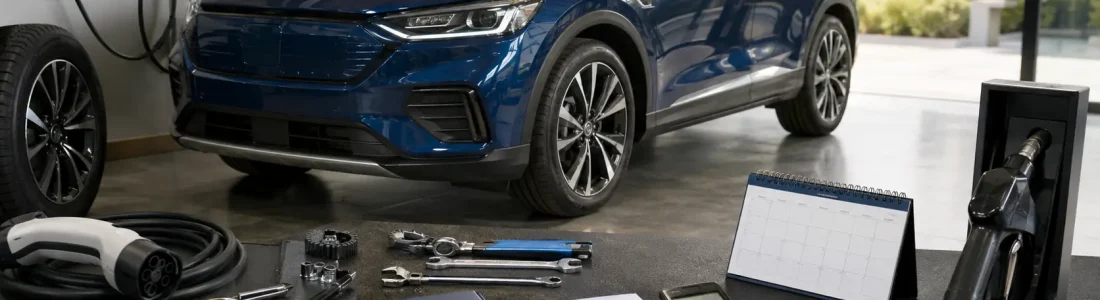 Blue electric SUV in a repair shop with a charging cable and assorted tools on a workbench nearby