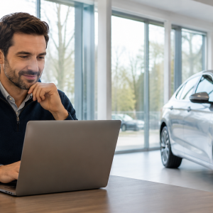 Car buyer reviewing pricing data on a laptop inside a dealership showroom before negotiating a deal
