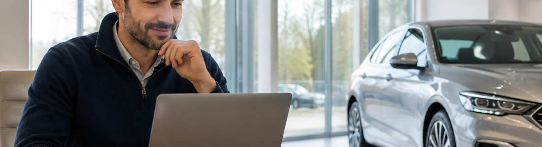 Car buyer reviewing pricing data on a laptop inside a dealership showroom before negotiating a deal