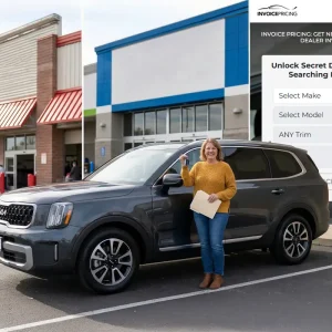 Woman standing beside a new SUV outside a dealership with an Invoice Pricing lookup screen in the background.