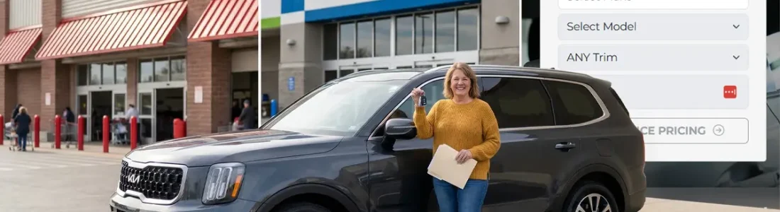 Woman standing beside a new SUV outside a dealership with an Invoice Pricing lookup screen in the background.