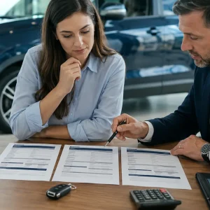 Two professionals review printed documents at a dealership desk, with a tablet and car showroom in the background.