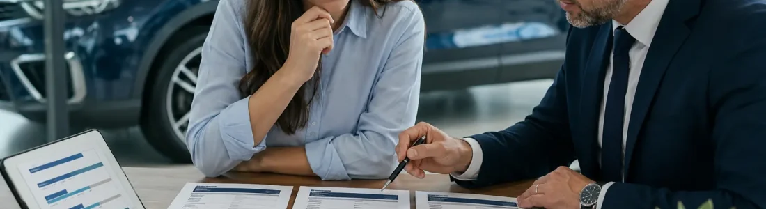Two professionals review printed documents at a dealership desk, with a tablet and car showroom in the background.