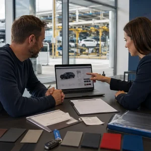 Two people in a car showroom reviewing a laptop screen with a car details page, while swatches and papers lie on the table nearby.