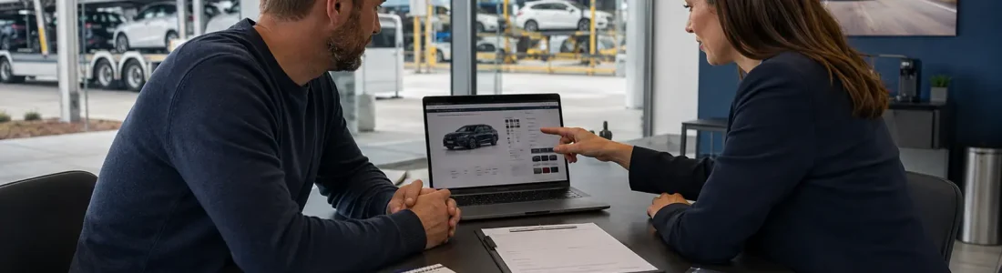 Two people in a car showroom reviewing a laptop screen with a car details page, while swatches and papers lie on the table nearby.