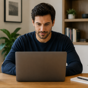 : A car buyer researching how CarsDirect works on a laptop before contacting a dealer.