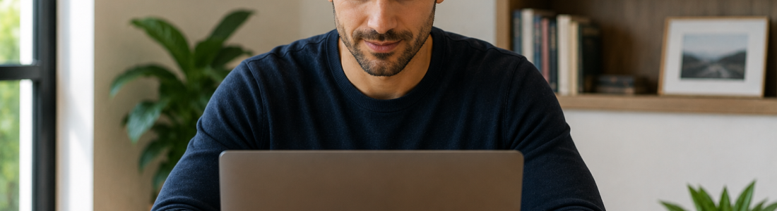 : A car buyer researching how CarsDirect works on a laptop before contacting a dealer.