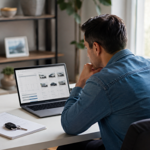 A car buyer researching how TrueCar works on a laptop, with car keys and notes on the desk