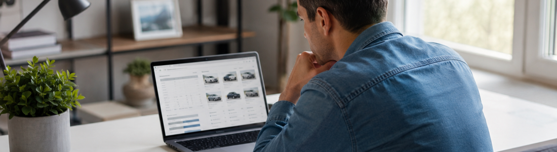 A car buyer researching how TrueCar works on a laptop, with car keys and notes on the desk
