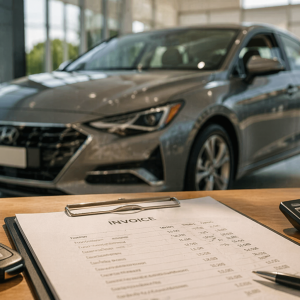Car invoice, calculator, and keys on a showroom desk with a new car in the background