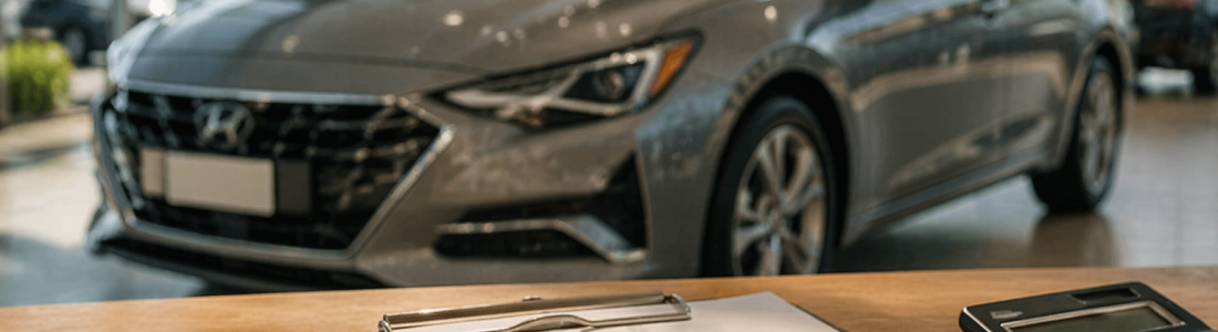 Car invoice, calculator, and keys on a showroom desk with a new car in the background