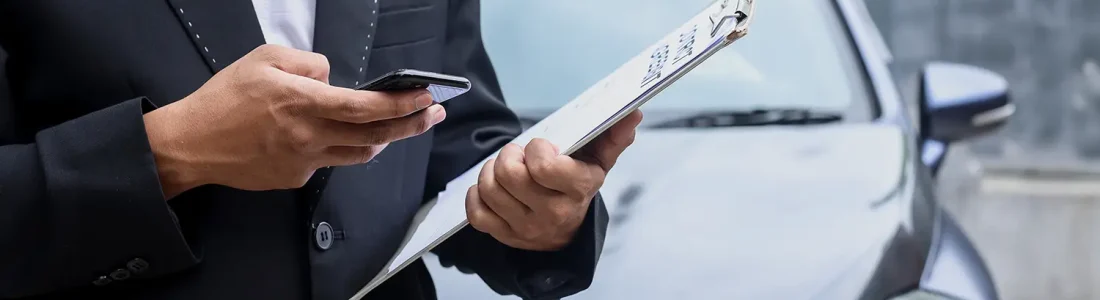 Car buyer checking invoice price information on a clipboard and phone before purchasing a vehicle