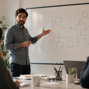 Man presenting a flowchart on a whiteboard as two teammates listen in a bright conference room